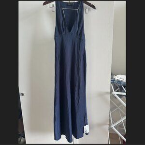 ASOS DESIGN bias cut plunge satin midi dress with racer back, Navy, size US 4